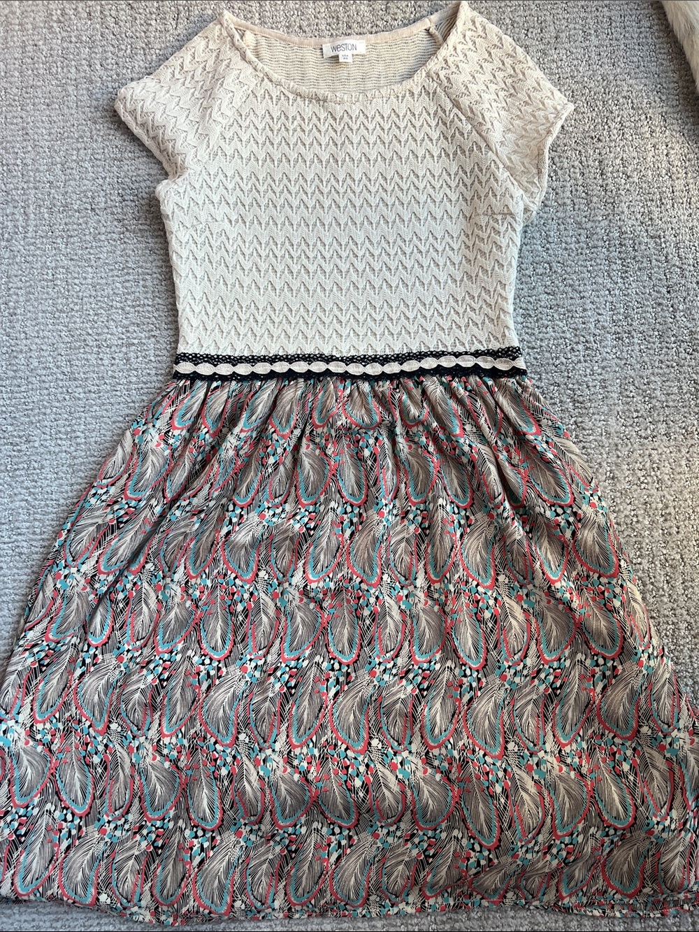 Anthropologie Cream Knit-Top Dress with Multicolor Printed Skirt